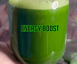 Green energy juice that is made of celery, kale, cucumber, parsley, and apple. It will boost your energy, mood, and performance after drinking it.